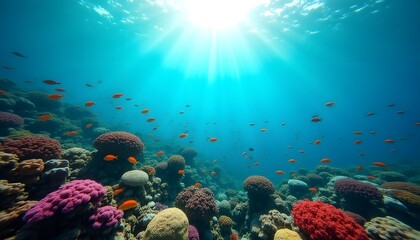 Obraz premium Vibrant Coral Reef Underwater Scene Fish Sunbeams Ocean