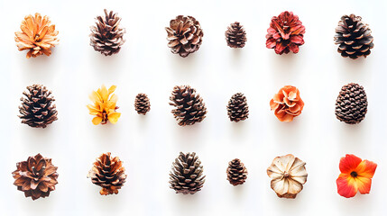 A flat lay showcasing various pine cones and flowers arranged in neat rows on a white background.  The autumnal colors and textures create a visually appealing and natural aesthetic.