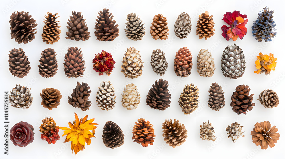 Poster A collection of various pine cones and autumnal flowers arranged in neat rows on a white background. The image showcases a variety of colors and textures, creating a visually appealing autumnal scene.