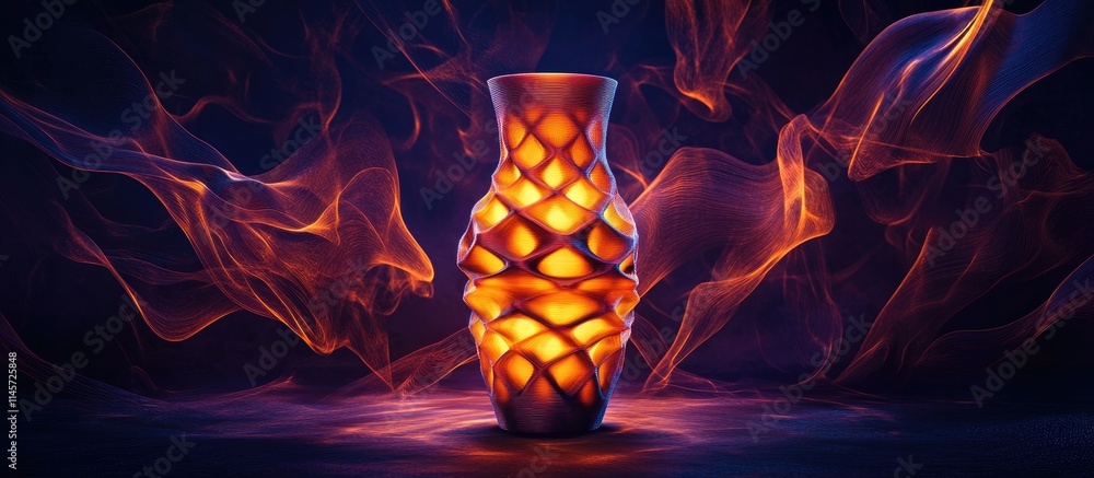 Poster resin 3d printed decorative vase with intricate design illuminated by soft light highlighting precis