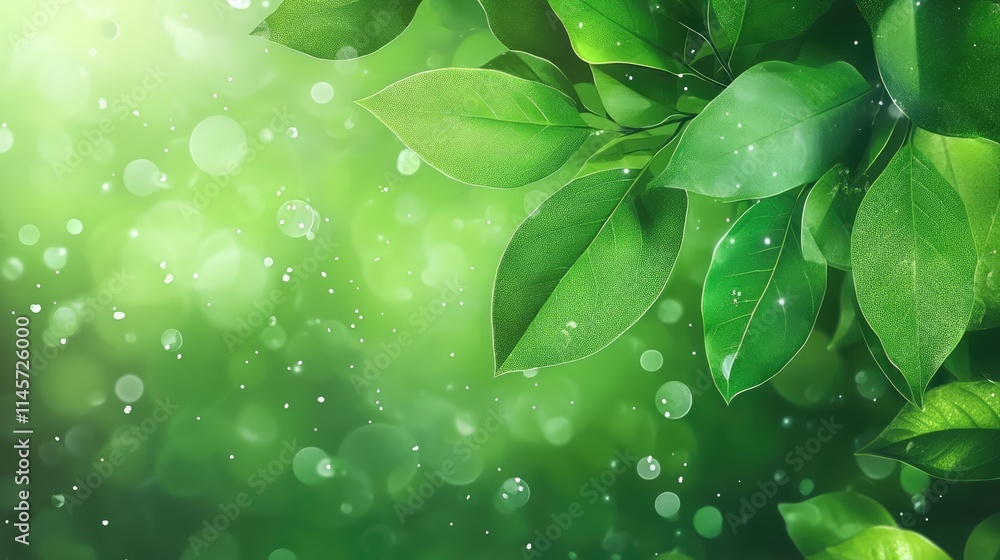 Poster lush green foliage background with dew drops and soft bokeh effects creating a serene nature ambianc