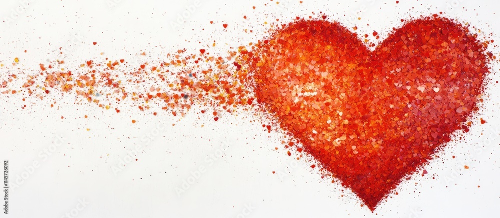 Poster red heart-shaped confetti on a white background creating a festive and romantic atmosphere with spac