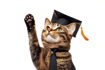 Graduate cat in cap and tie raising paw.