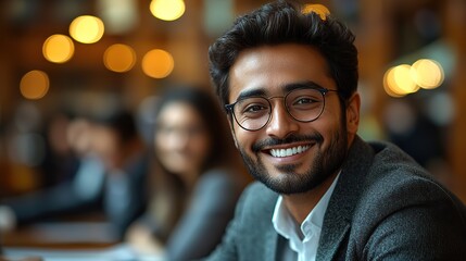 Fototapeta premium An Indian lawyer smiles confidently in an office with colleagues, representing career pride, justice, and legal advocacy.