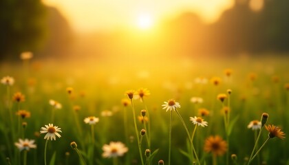 Obraz premium Golden Hour Meadow Wildflowers Sunset Nature Peace