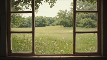 Serene view of a lush green meadow seen through a rustic window.