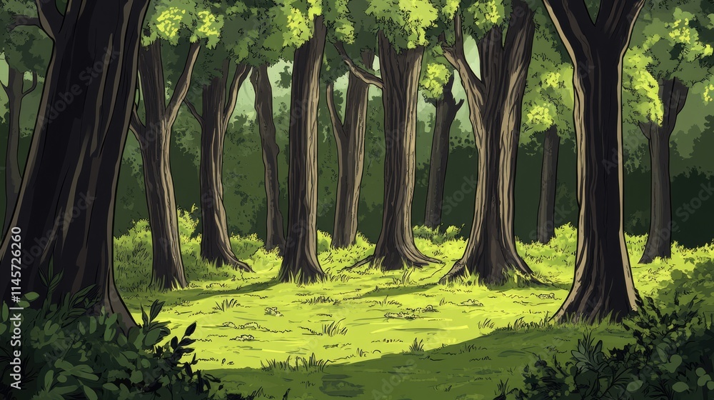 Aufkleber illustration of sunlit forest with tree trunks and branches creating a serene natural background for