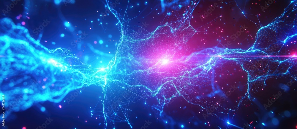 Poster luminous abstract technology network with interconnected nodes and vibrant blue background ideal for