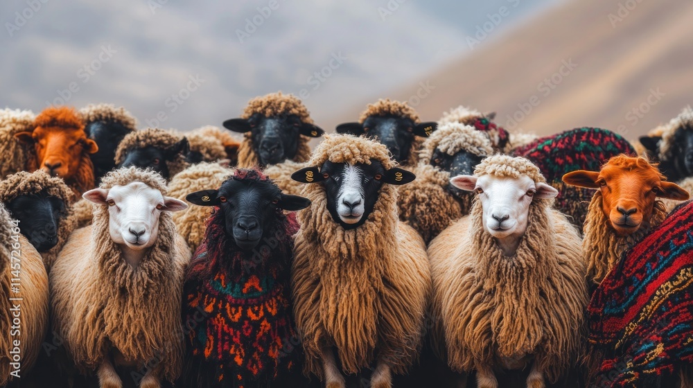 Poster a group of sheep with varied wool patterns in a mountainous landscape.