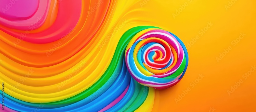 Poster vibrant rainbow lollipop on colorful background flat lay composition with space for text and design 