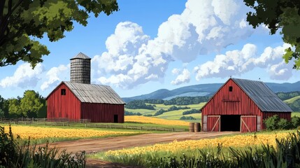 Rural farm scene featuring traditional red barns surrounded by vibrant fields and picturesque mountains under a bright sky