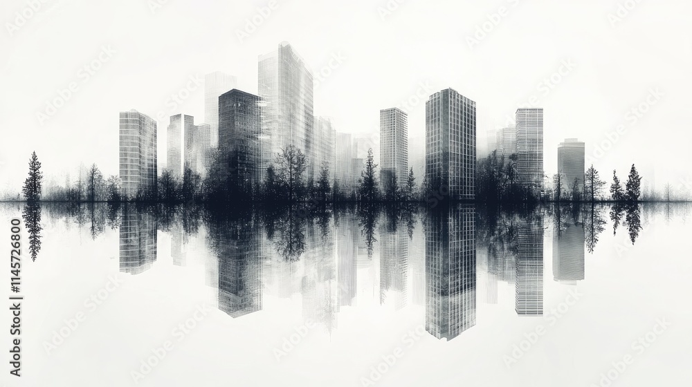 Poster modern city skyline with trees in double exposure effect reflecting on water surface creating a harm