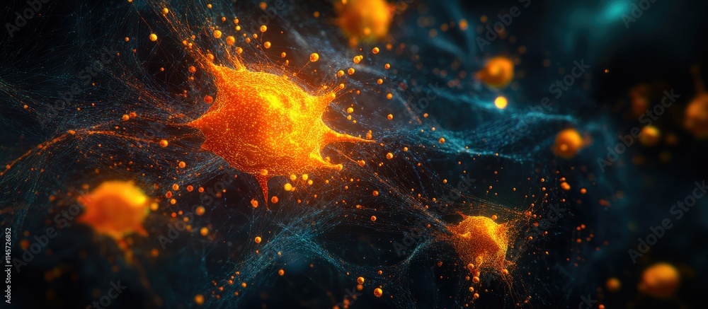 Poster digital representation of interconnected cells illustrating advanced health technology and connectiv