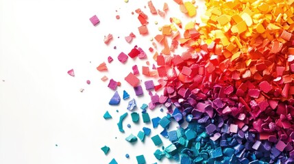Fototapeta premium Colorful polymer masterbatch granules and chips scattered on a white background for industrial plastic product application and catalog use