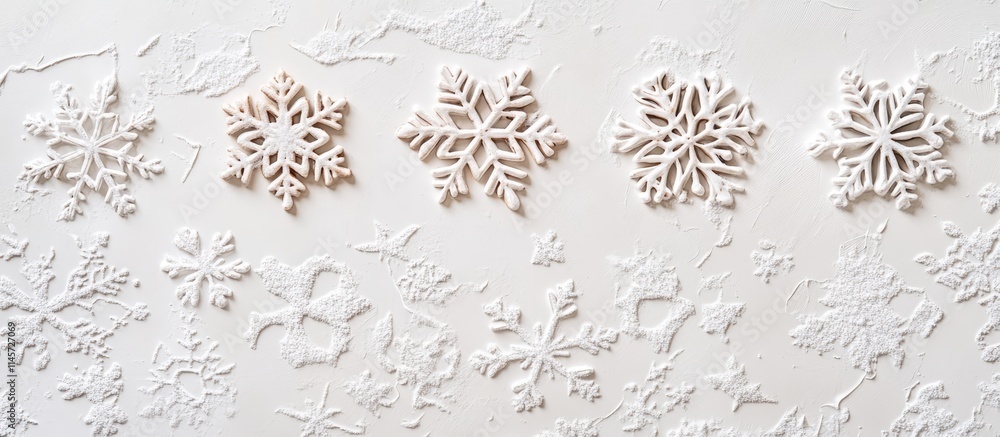 Poster ceramic snowflakes arranged on a white concrete background creating a festive christmas frame with a