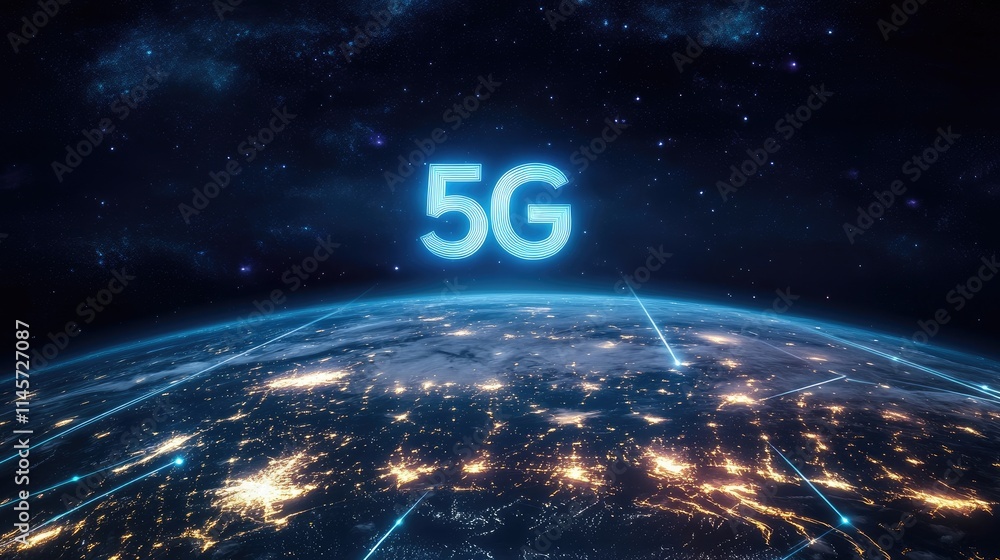 Poster global 5g connectivity concept with a futuristic view of earth highlighting wireless networks and th