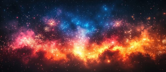 Naklejka premium Vibrant fireworks display illuminating a night sky filled with colorful bursts and cosmic elements during a summer festival celebration