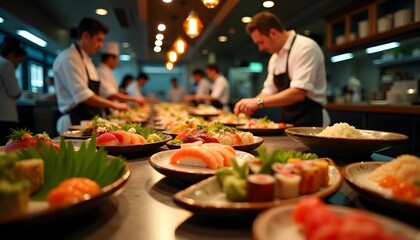 Obraz premium Delicious Sushi Preparation Chefs Making Japanese Cuisine