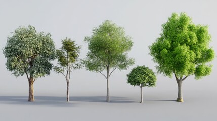 Obraz premium Diverse Collection of Realistic Trees Showcasing Various Sizes and Leaf Types Against a Minimal Background