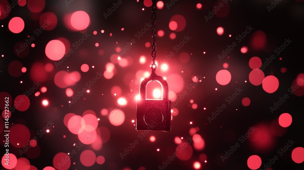 Aufkleber a locked padlock hangs on a chain against a backdrop of glowing red bokeh lights creating a mysterio