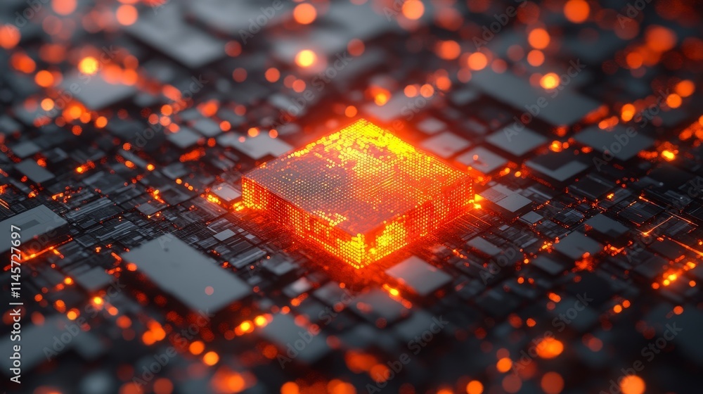 Poster a glowing orange cube sits on a dark circuit board. tiny points of light emanate from its surface an