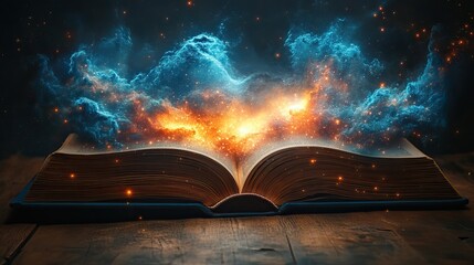 An open book reveals a magical space scene with stars, encouraging readers to delve into the world of fantasy and imagination.