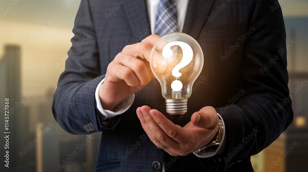Poster businessman holding illuminated question mark light bulb problem solving idea concept