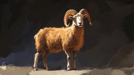 Obraz premium Barbary Sheep showcasing majestic curled horns against a dark background highlighting its unique features and texture in natural habitat