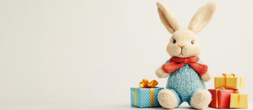 Charming plush toy rabbit surrounded by colorful presents on a clean white backdrop ideal for celebrating holidays and special occasions.