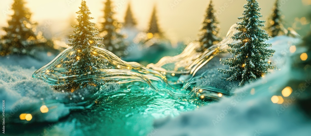 Poster winter holiday magic with illuminated trees and snow on a textured green backdrop creating a warm ev