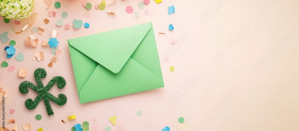 Poster festive flat lay of green envelope confetti and decorative elements on a pastel background with ampl