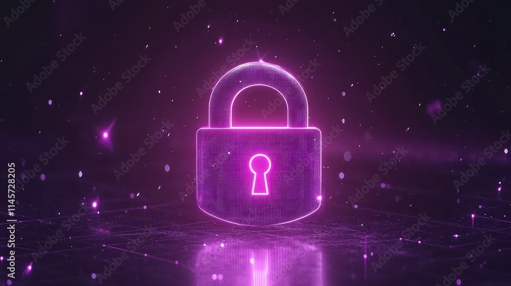 Poster a glowing purple padlock hovers above a dark reflective surface. tiny particles float around creatin