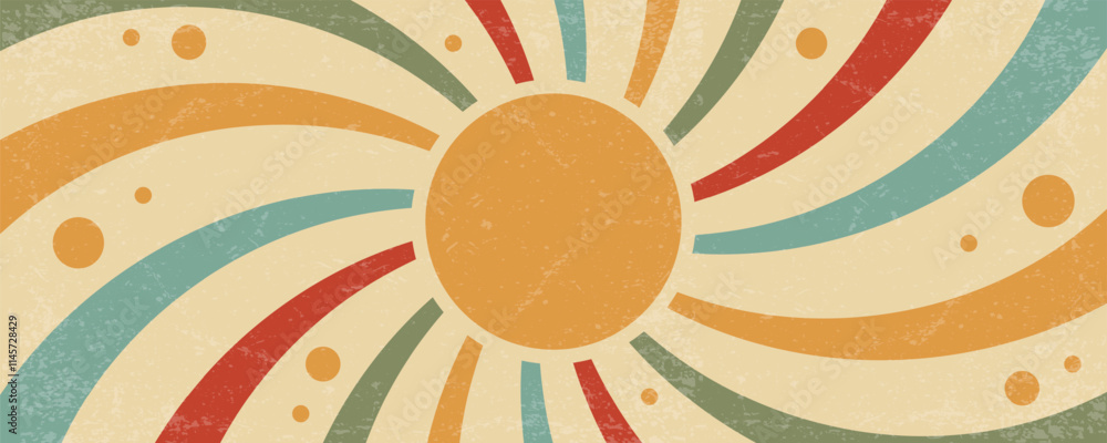 Poster sunrays retro background. vector summer 70s poster. abstract groovy design with grunge texture. old 