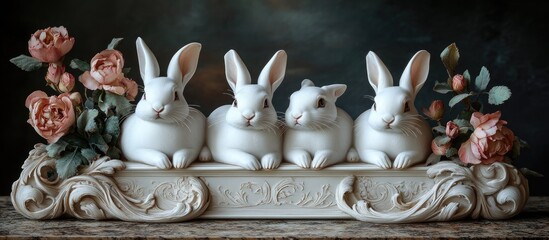 Porcelain white rabbits arranged elegantly with floral accents and a decorative frame showcasing artistic lettering details