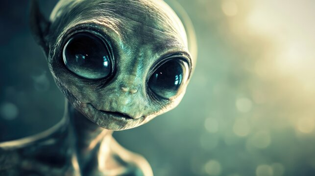 Extraterrestrial Being with Large Eyes Against a Softly Blurred Background Illustrating Alien Life Concepts and Imagination