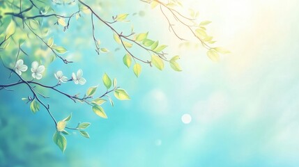 Obraz premium Spring foliage with green leaves and delicate flowers against a bright blue sky creating a serene and refreshing natural backdrop.