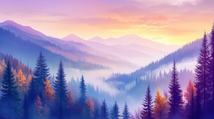 Obraz premium Stunning autumn forest panorama with misty mountains and colorful sunrise capturing serene natural beauty at dawn.
