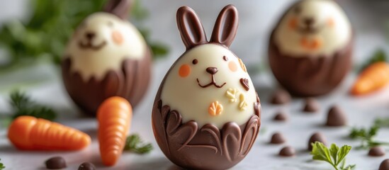 Chocolate Easter eggs with cute bunny rabbit and carrot decorations for festive holiday celebrations and treats.