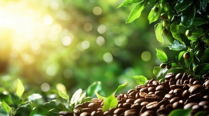 Fototapeta premium Roasted coffee beans nestled amongst lush green coffee plant leaves. Illustrates the journey from bean to cup, showcasing origin and freshness.
