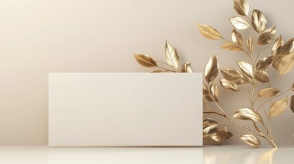 Elegant gold plant decoration featuring a blank gift card on a soft neutral background for luxurious gifting and decor concepts.