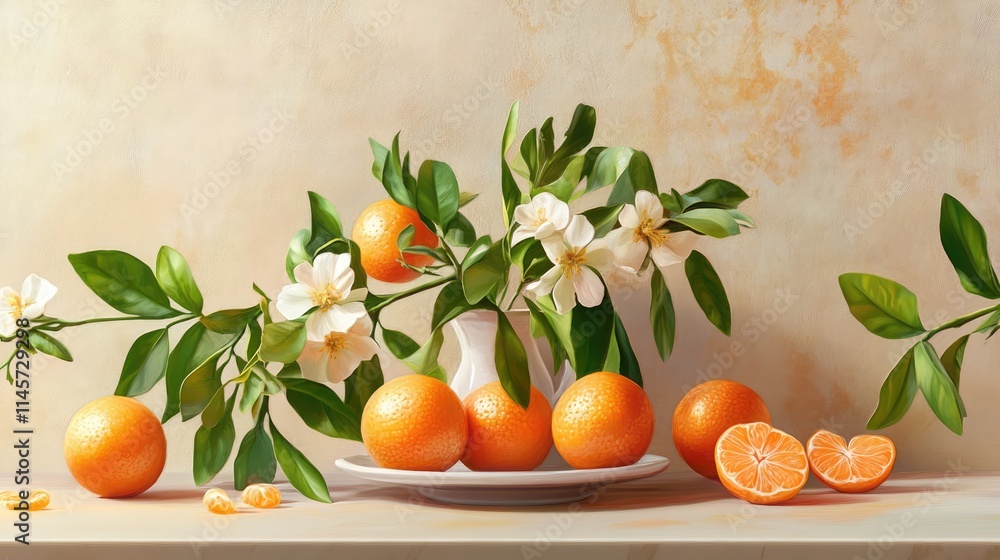 Poster tangerine tree with fruit and blossoms elegantly arranged on a table creating a warm and inviting st