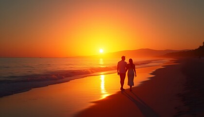 Romantic Couple Walking on Beach at Sunset Ocean View