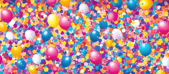 Vibrant balloons and colorful confetti scattered over a festive backdrop with ample space for text and celebratory messages