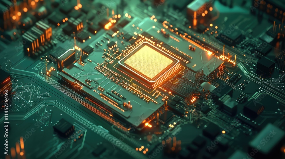 Poster a high-resolution image of a semiconductor microchip on a green circuit board, surrounded by soldere