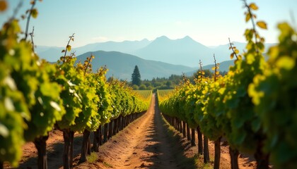 Scenic Vineyard Rows Mountain Landscape Summer Sun Grape Vines