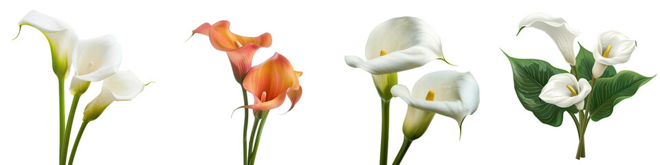 Obraz premium A collection of elegant calla lilies in various colors, showcasing their unique shapes and beauty.