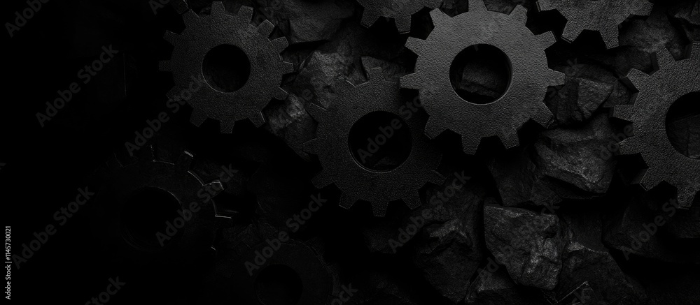 Poster interconnected black gears on a dark background symbolizing mechanisms collaboration and technical s