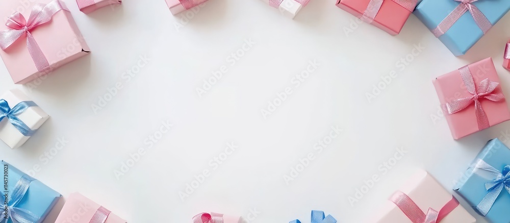 Poster colorful gift boxes arranged in a circular pattern on a white background creating a festive atmosphe