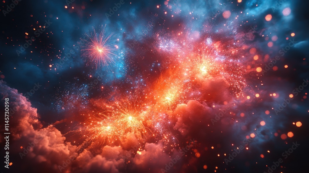 Aufkleber vibrant abstract fireworks bursting in a dark sky with colorful clouds and glowing particles creatin