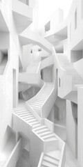 Surreal minimalist white architectural abstract illustration of endless staircases in modern design